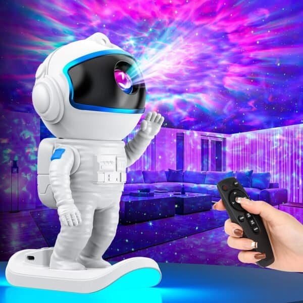 Using a remote, someone operates the Galaxy Projector, a Star Projector Night Light with Timer that projects colorful nebulas onto the ceiling—ideal bedroom decor and a great gift for adults or teens.