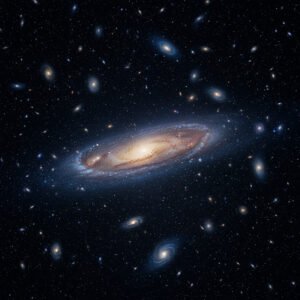 A spiral galaxy with a bright core and dust lanes, reminiscent of the Milky Way, set against a dark background filled with numerous distant galaxies and stars.