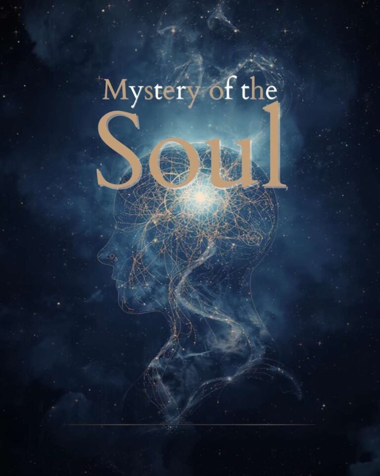 A digital illustration of a human head silhouette filled with abstract neural patterns and light, capturing the enigma of the soul, with the text "Mystery of the Soul" overlaid on a dark, starry background.