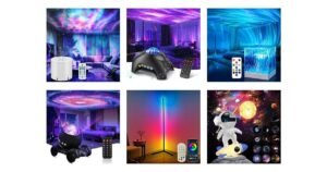 Six different galaxy projector lamps are shown, each illuminating rooms with colorful star and nebula effects. Remote controls and various lamp designs are visible in each section.