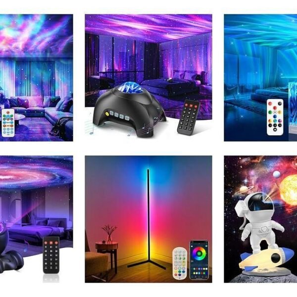 Six different galaxy projector lamps are shown, each illuminating rooms with colorful star and nebula effects. Remote controls and various lamp designs are visible in each section.