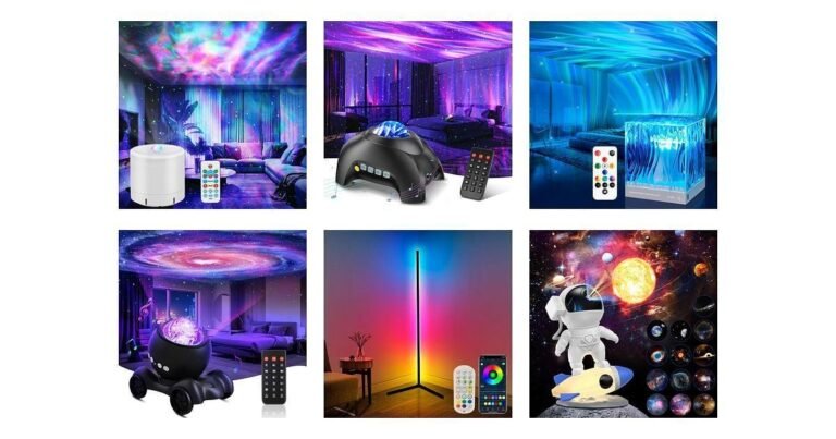 Six different galaxy projector lamps are shown, each illuminating rooms with colorful star and nebula effects. Remote controls and various lamp designs are visible in each section.