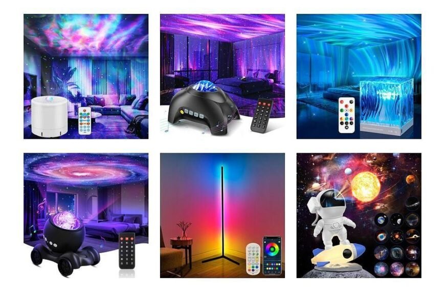 Six different galaxy projector lamps are shown, each illuminating rooms with colorful star and nebula effects. Remote controls and various lamp designs are visible in each section.