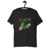 The Green Hands Six Seven Unisex t-shirt features green cartoon hands in Santa sleeves forming "67" and "SIX SEVEN" in festive red and green above—a playful black tee on a hanger, perfect for the season.