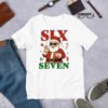 The Funny Six Seven 6-7 Unisex t-shirt features Santa Claus making a hand sign with holiday items, plus the "SIX SEVEN" text in festive red and green—a playful shirt perfect for your holiday celebrations!.