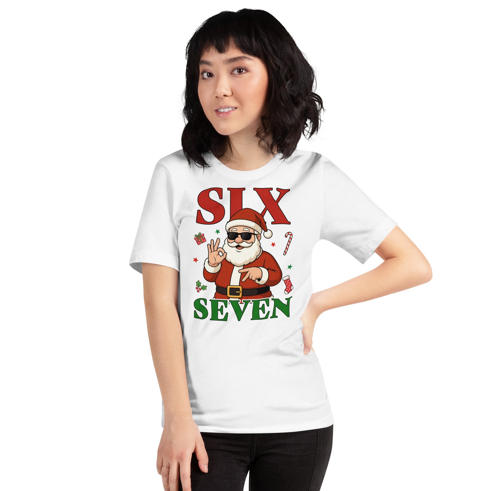 Woman wearing the Funny Six Seven 6-7 Unisex t-shirt, featuring a cartoon Santa making a peace sign, "SLX" in red above and "SEVEN" in green below. A festive and humorous tee for spreading holiday cheer!.