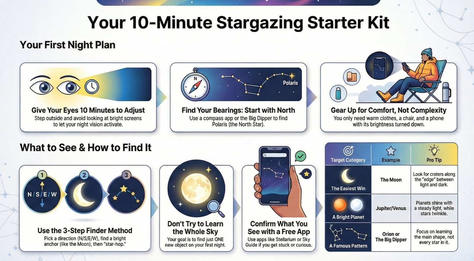 Beginner Stargazing Starter Kit Free Download: Infographic with illustrations and text, offering a 10-minute stargazing guide with steps, tips, and sights to spot in the night sky.