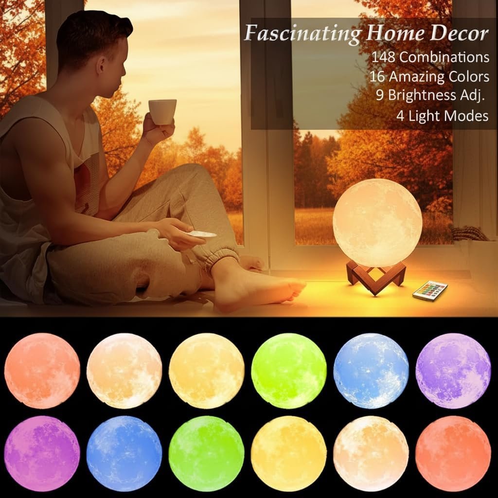 Person sitting by a window holding a remote, facing a glowing moon lamp with multiple color options and settings displayed below. Text lists lamp features.