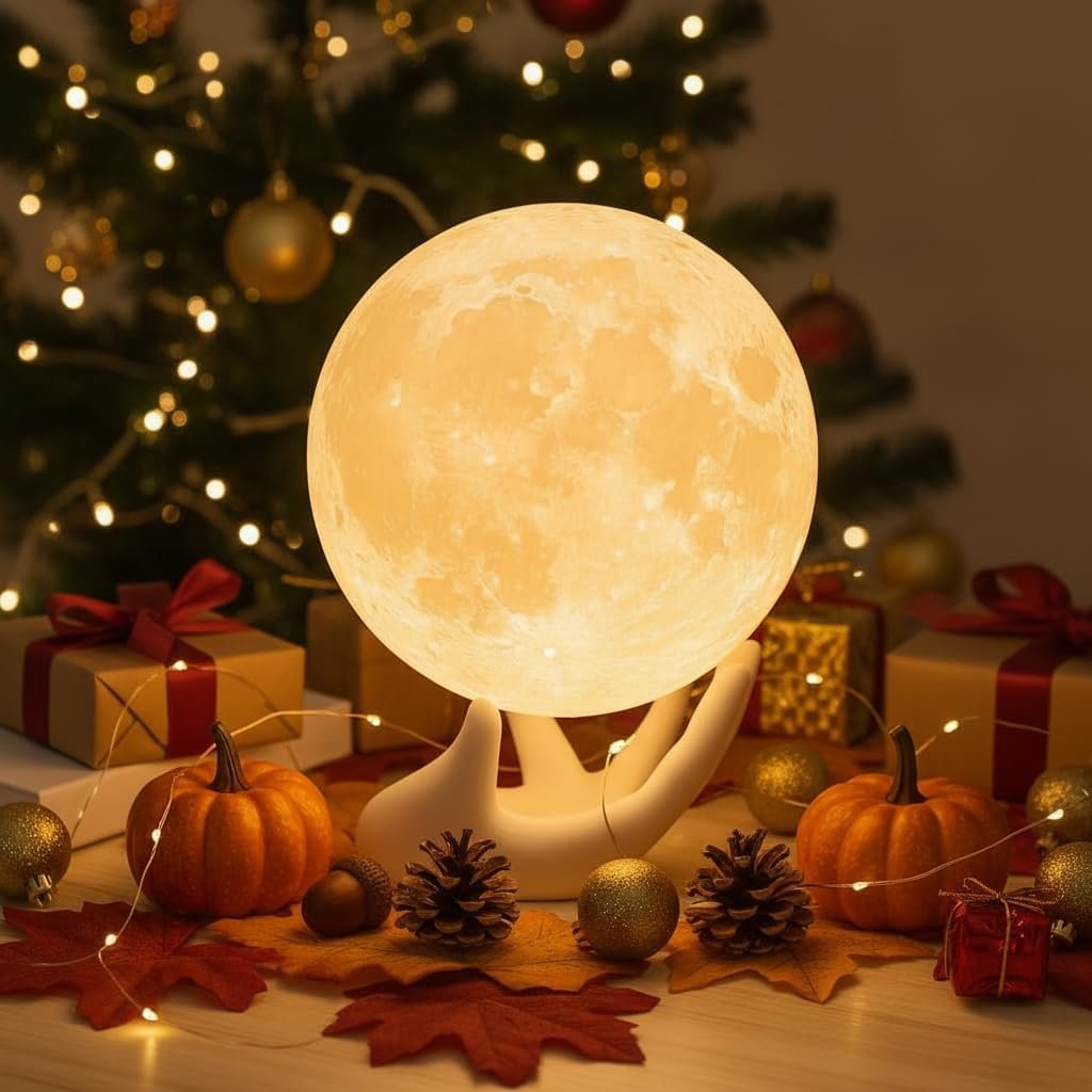 A hand-shaped lamp holding a glowing moon sphere sits on a table with pumpkins, pinecones, leaves, and wrapped gifts, in front of a decorated Christmas tree with lights.