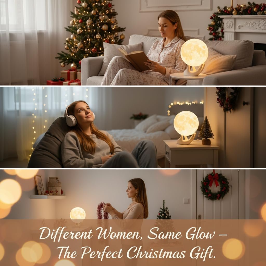 Three women in cozy rooms with Christmas decorations, each enjoying a glowing moon lamp; text reads, "Different Women, Same Glow – The Perfect Christmas Gift.
