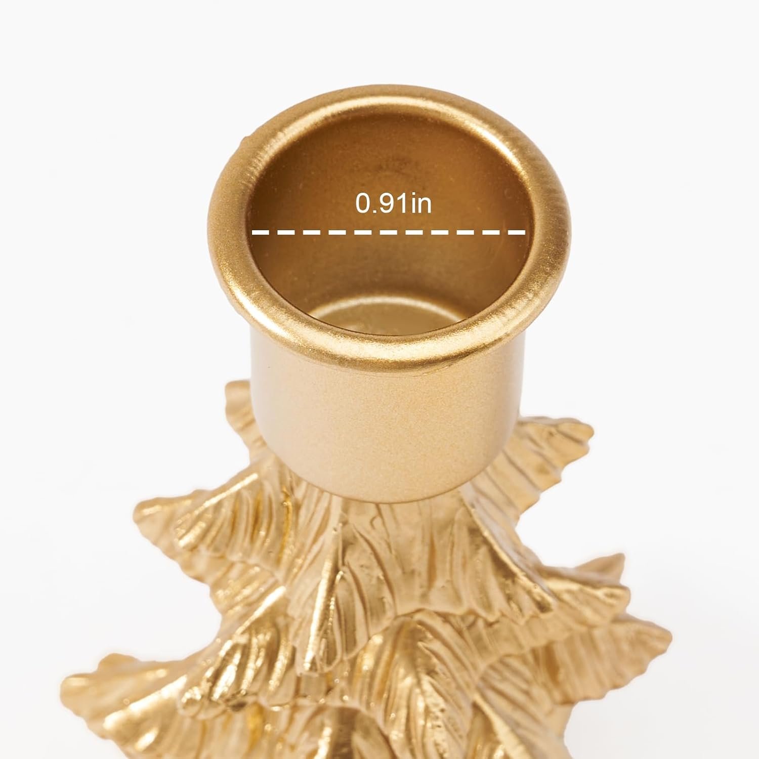 Close-up of a gold candle holder with a measurement of 0.91 inches shown across the candle opening.