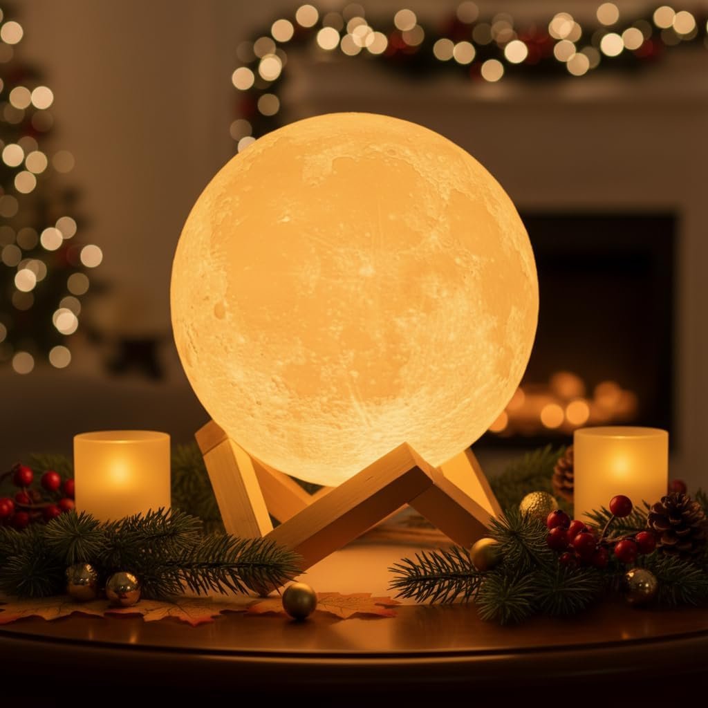A glowing moon lamp on a wooden stand is surrounded by candles, fir branches, and Christmas decorations on a table, with a festive background.