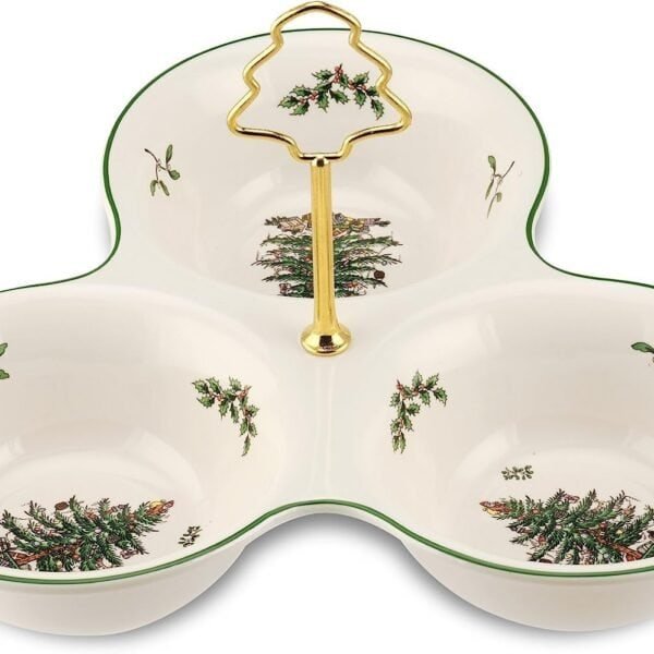 A three-section ceramic serving dish with a gold handle shaped like a Christmas tree, decorated with holiday motifs.