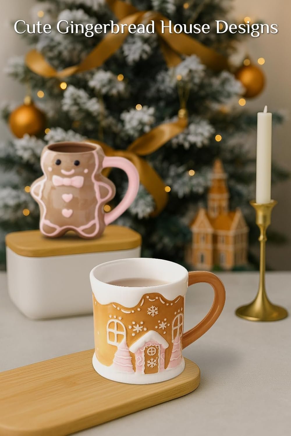 A mug shaped like a gingerbread house and another shaped like a gingerbread person are displayed in front of a decorated Christmas tree and a lit candle. Text reads: "Cute Gingerbread House Designs.
