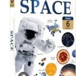 Box set cover of "Knowledge Encyclopedia Space," featuring an astronaut, planets, stars, a rover, and telescope illustrations, with a label indicating it contains 6 books.