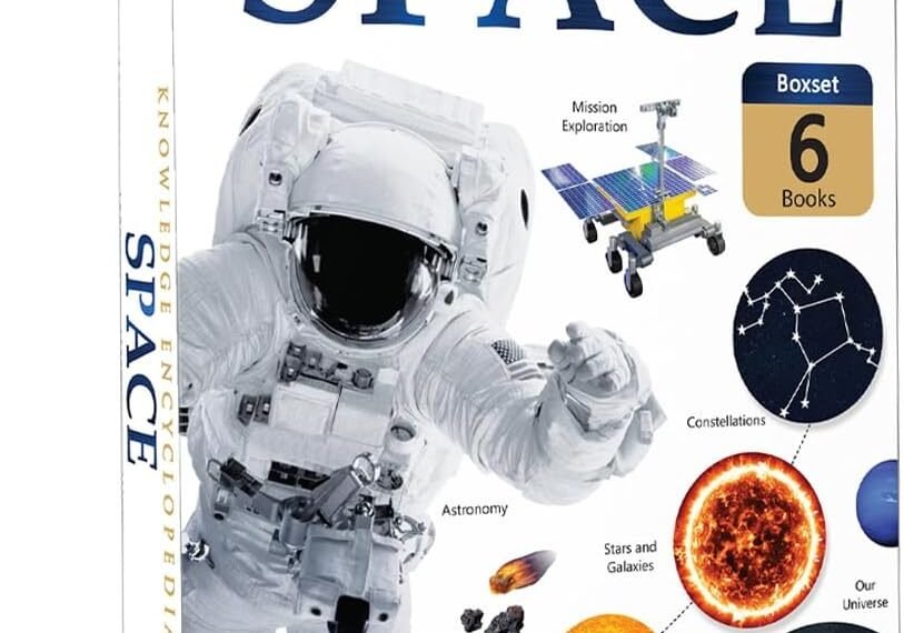 Box set cover of "Knowledge Encyclopedia Space," featuring an astronaut, planets, stars, a rover, and telescope illustrations, with a label indicating it contains 6 books.