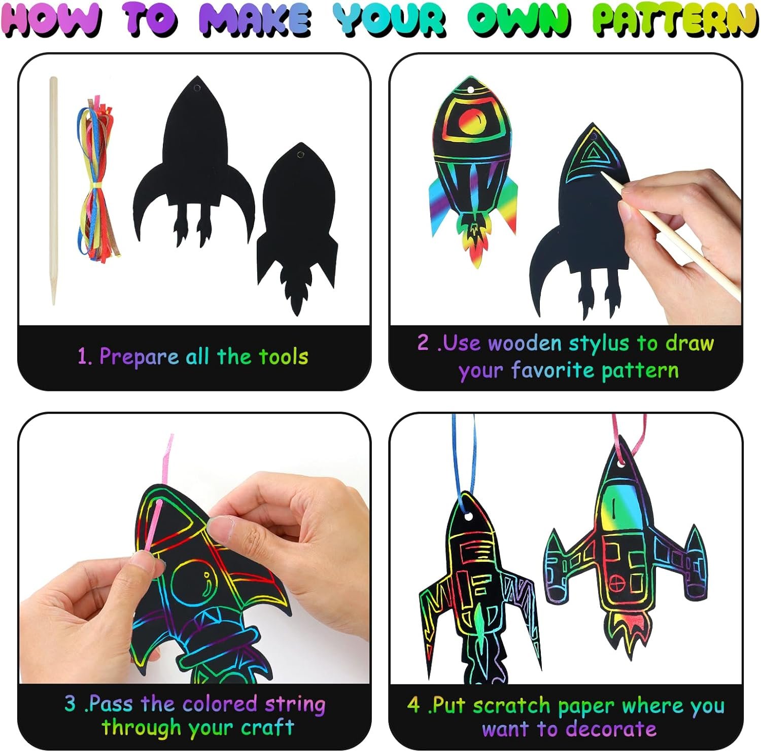 DEMIUKO Scratch Paper Art Set 64 PCS Rocket Scratch Cards Rainbow Magic Scratch Paper Black Scratch Off Art Crafts Kits for Space Theme Party Favor Game DIY Activity Christmas Birthday Gift