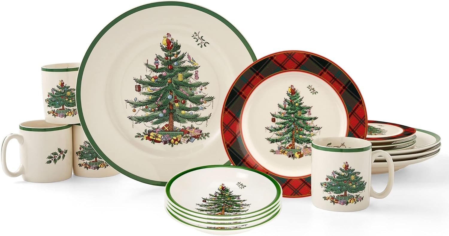 Spode Christmas Tree 16-Piece Tartan Dinnerware Set (Service for 4) - Festive Holiday Tableware with Plates, Bowls, Mugs - Porcelain Christmas Dinnerware - Microwave & Dishwasher Safe