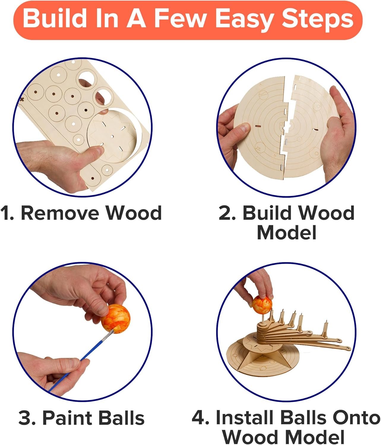 Four-step assembly guide: remove wood pieces, build wood model, paint balls, and install painted balls onto the completed wood model.