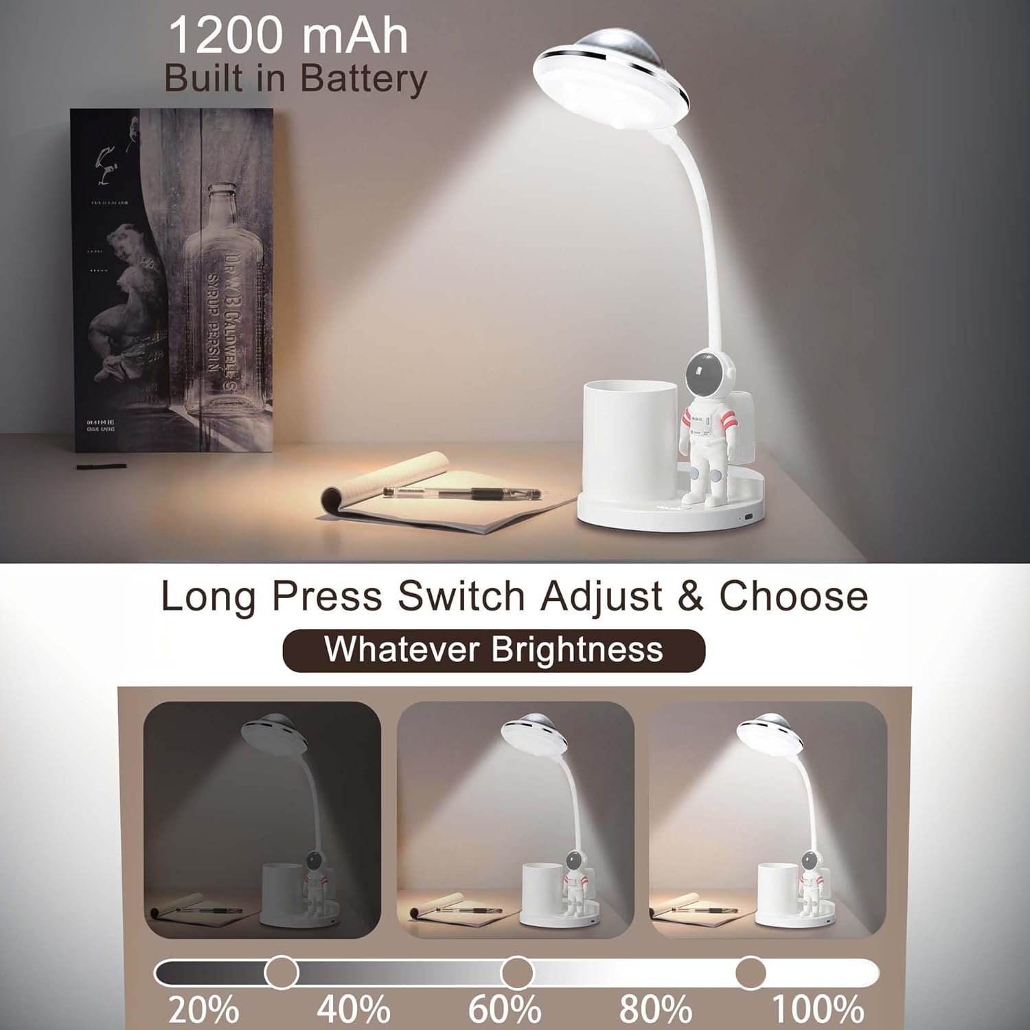 Astronauta Astronaut Desk Lamp for Kids, Star Space Projector Space Rocket Lamps, Astronauta Lights with Pen Holder, Step-Less Dimming Lighting, Eye-Care Reading Small Desk Lamps for Bedroom, Gifts for Boys and Girls