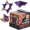 Shashibo magnetic puzzle cube shown in various geometric shapes next to its colorful packaging, with app download information on the box.