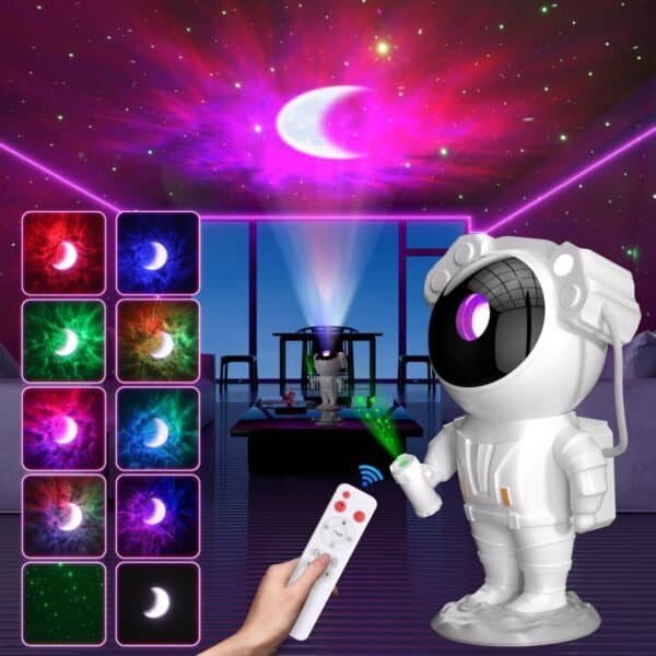 A person uses a remote to control an astronaut-shaped projector that casts colorful galaxy and moon patterns on a living room ceiling.