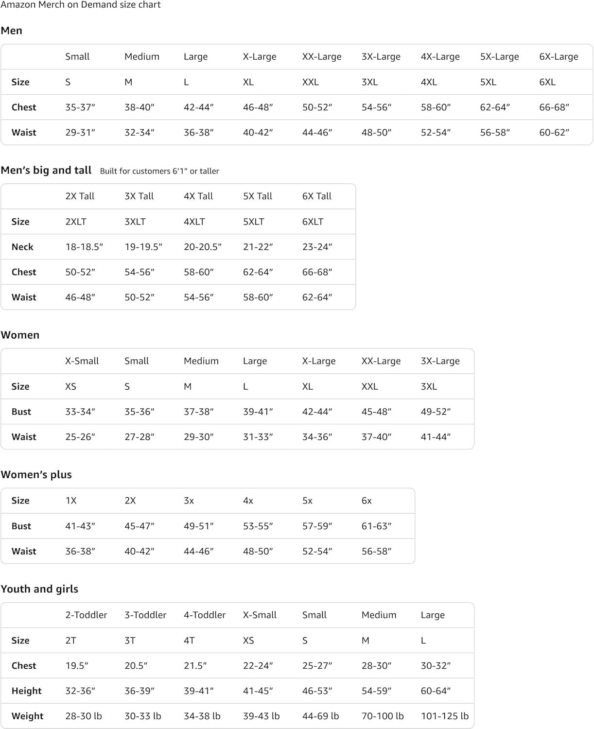 Amazon Merch size chart displaying measurements for men, men’s big and tall, women, women’s plus, and youth clothing in various sizes, including chest, neck, bust, waist, and hips.