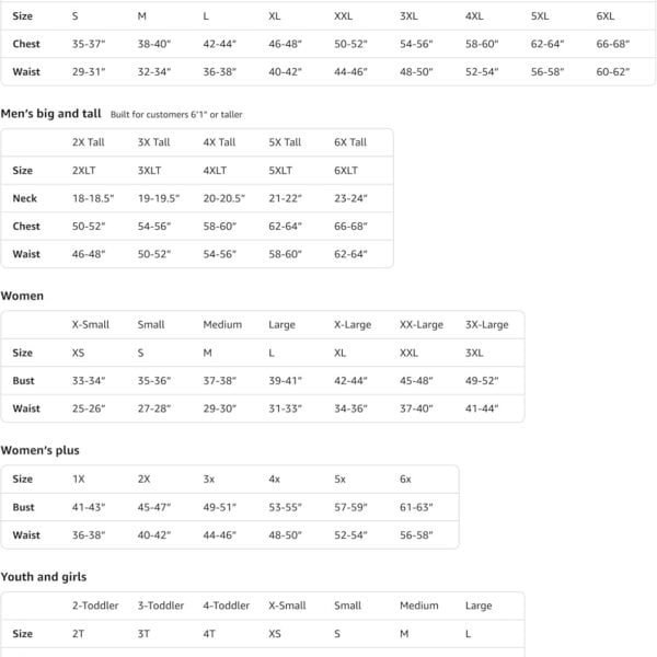 A size chart for Amazon Merch on Demand shows men’s, women’s, plus, big and tall, youth, and girls sizing for chest, waist, neck, bust, hips, and weight measurements.