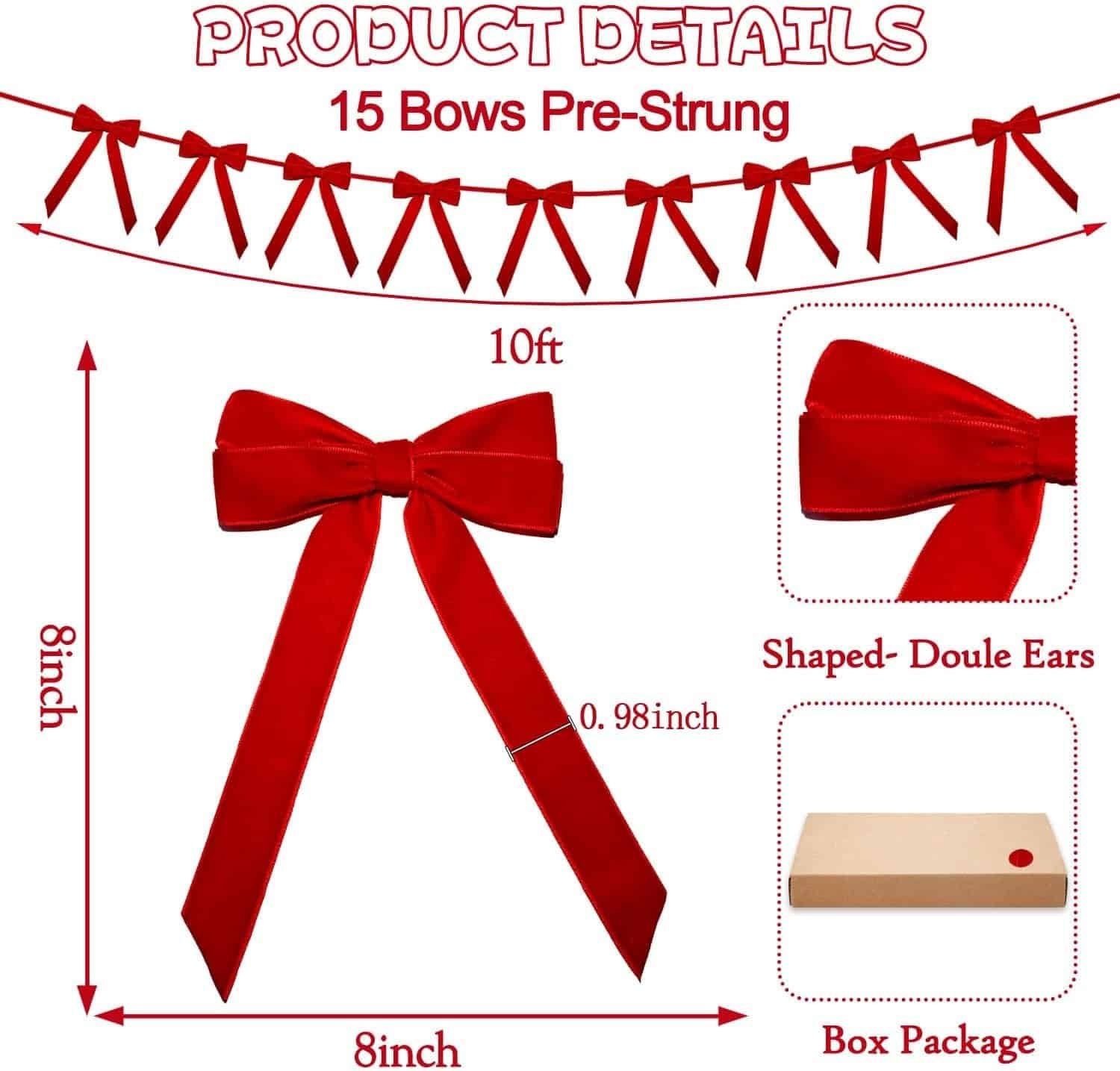 Product details for red pre-strung bows, 8x8 inches each, ribbon width 0.98 inch, 15 bows per pack, 10 feet long, double ear shape, boxed packaging.