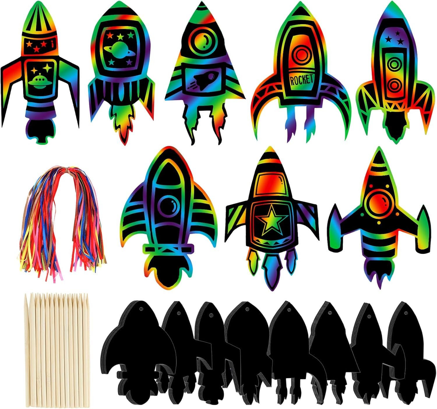 DEMIUKO Scratch Paper Art Set 64 PCS Rocket Scratch Cards Rainbow Magic Scratch Paper Black Scratch Off Art Crafts Kits for Space Theme Party Favor Game DIY Activity Christmas Birthday Gift