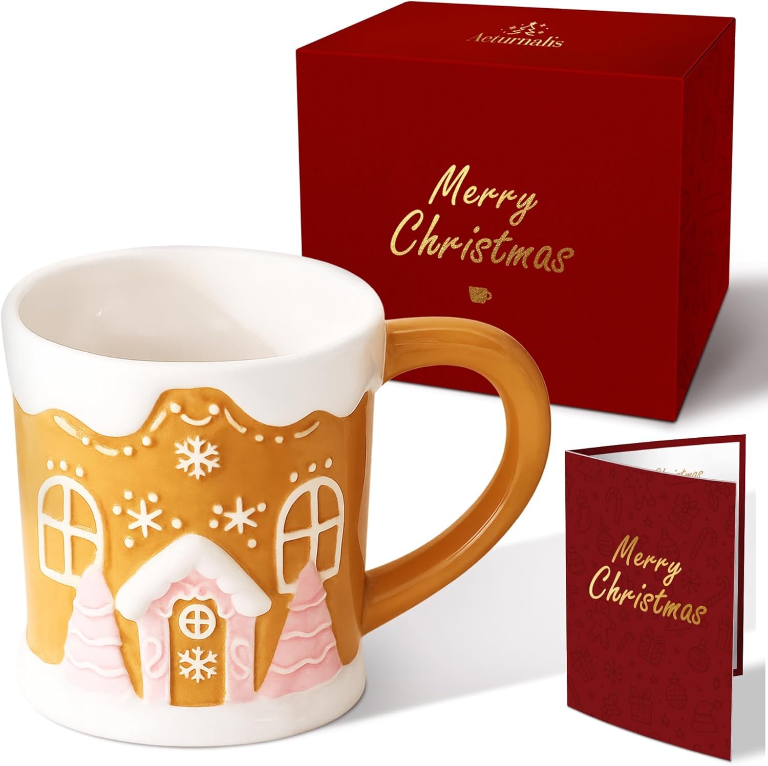Aeturnalis Christmas Mugs - Holiday Card & Gift Box Included - Candy Cookie House Design - Funny & Cute Christmas Coffee Mug - Perfect for Mom Kids Dad Gifts 17 Oz