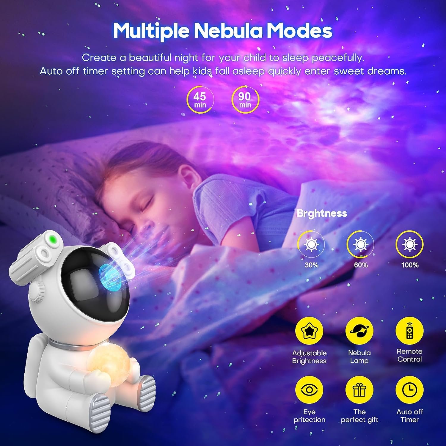 A child sleeps while a galaxy projector in the shape of an astronaut displays nebula effects on the walls. Various features and timer options are highlighted with icons and text.