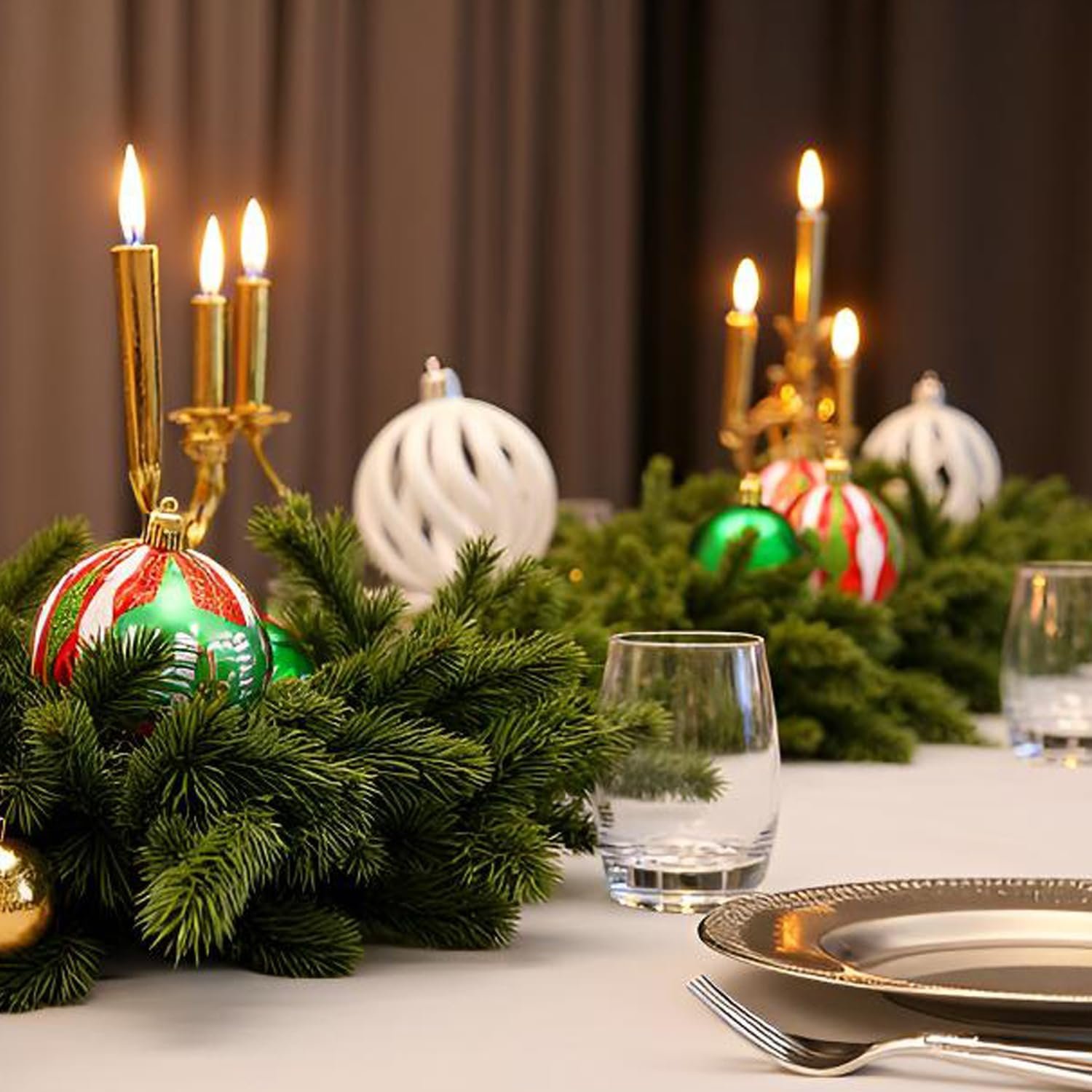 A holiday-themed dining table features gold candelabras, evergreen centerpieces, Christmas ornaments, glassware, and plates with silver cutlery.