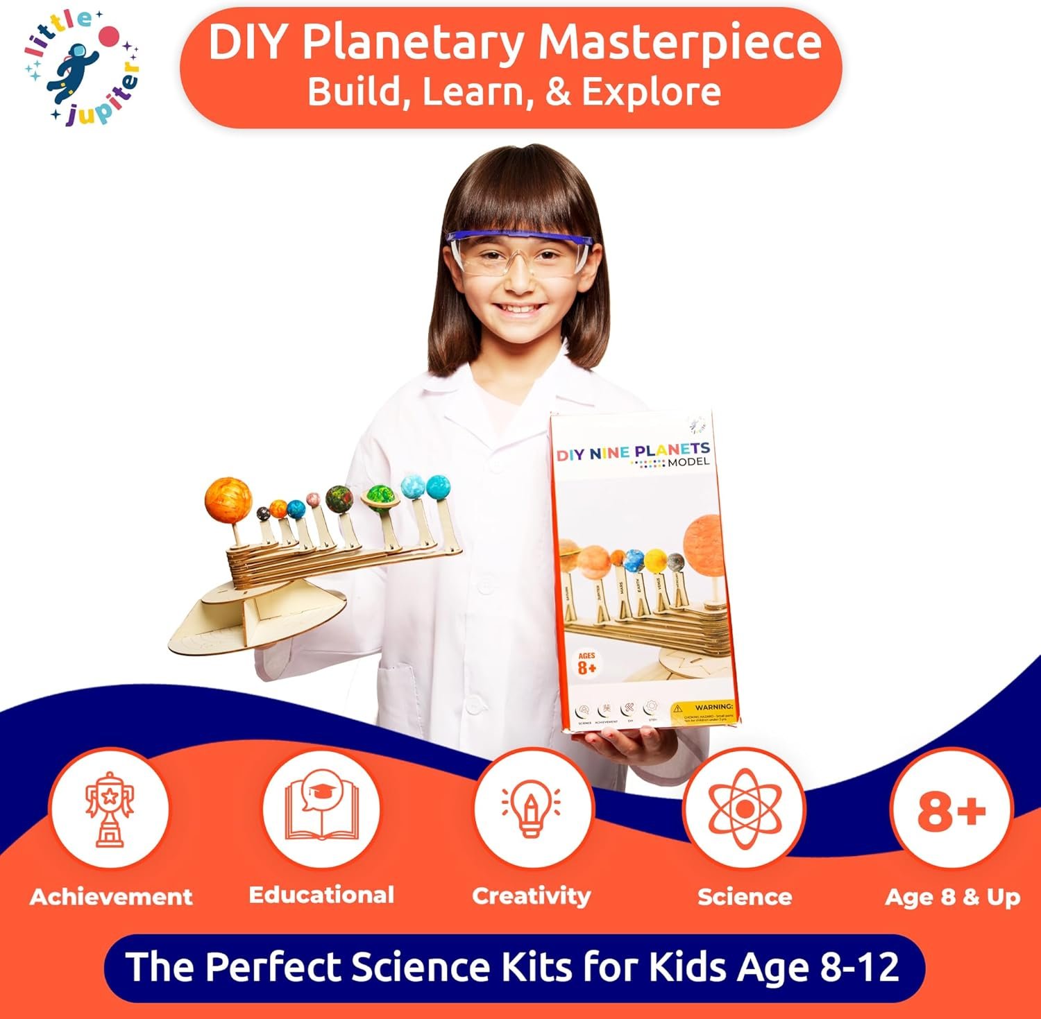 A girl in a lab coat and safety goggles holds a DIY planetary model kit. Text promotes it as a science kit for kids ages 8-12, highlighting achievement, creativity, and education.
