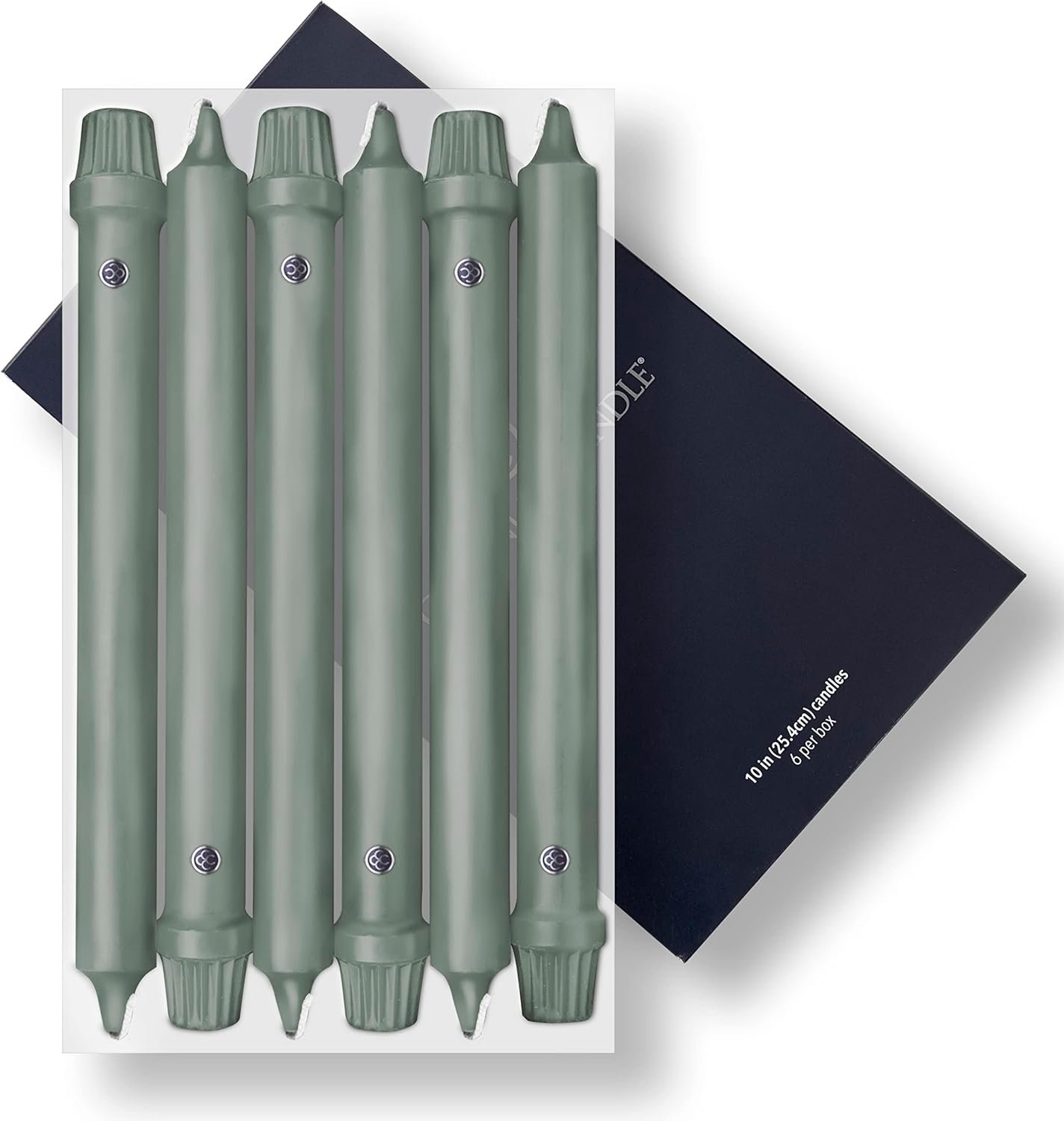 Six green taper candles are arranged in a box with a dark blue lid, labeled “11in no-drip candles, 6 per box.”.