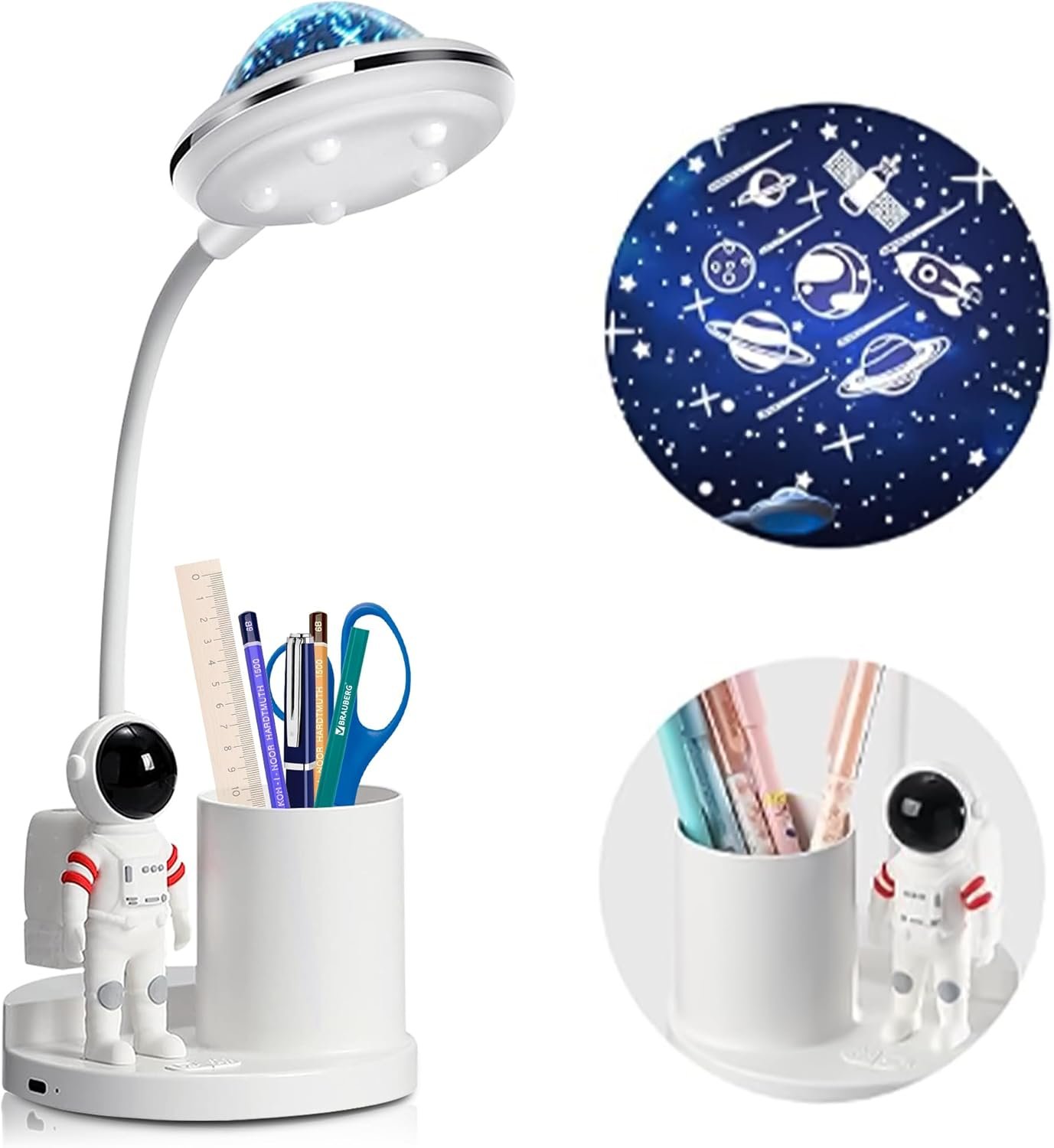 Astronauta Astronaut Desk Lamp for Kids, Star Space Projector Space Rocket Lamps, Astronauta Lights with Pen Holder, Step-Less Dimming Lighting, Eye-Care Reading Small Desk Lamps for Bedroom, Gifts for Boys and Girls