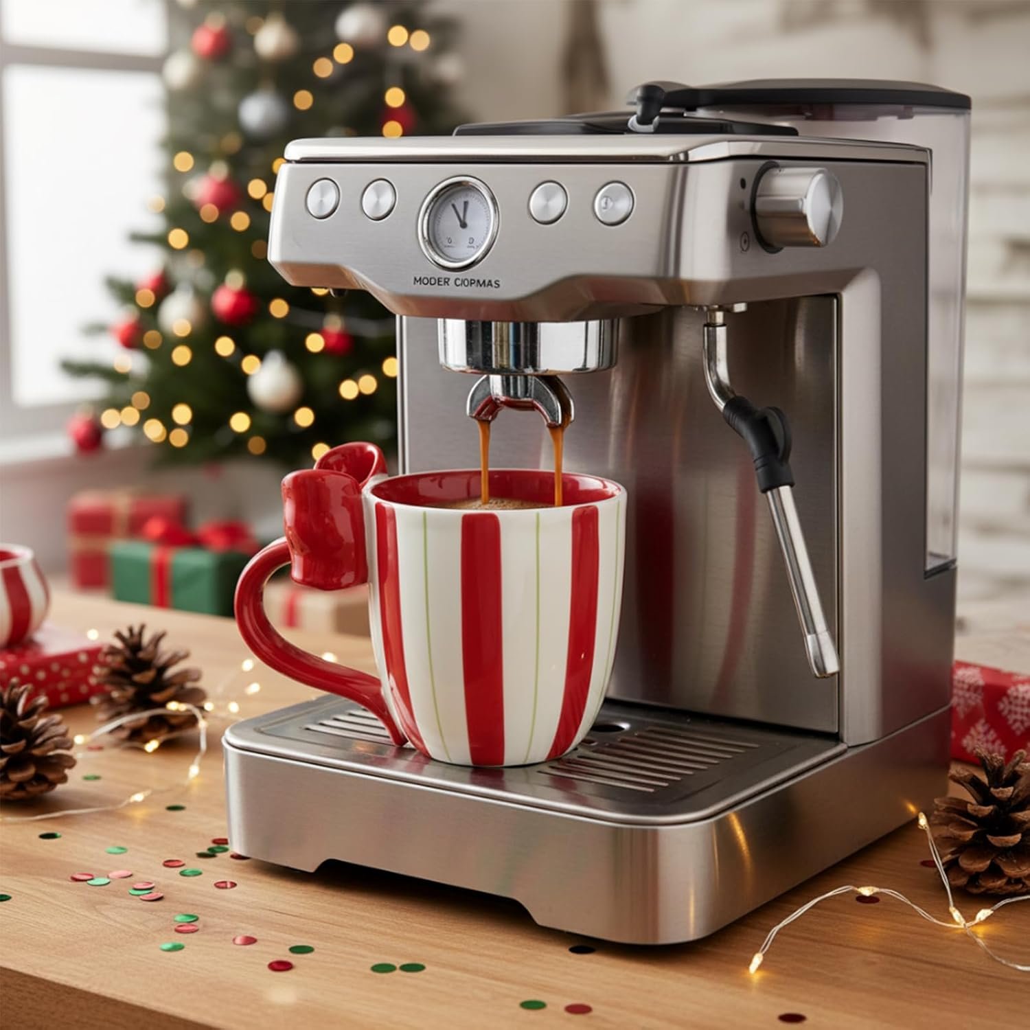 A silver espresso machine brews coffee into a red and white striped mug on a wooden counter, with a decorated Christmas tree and pinecones in the background.