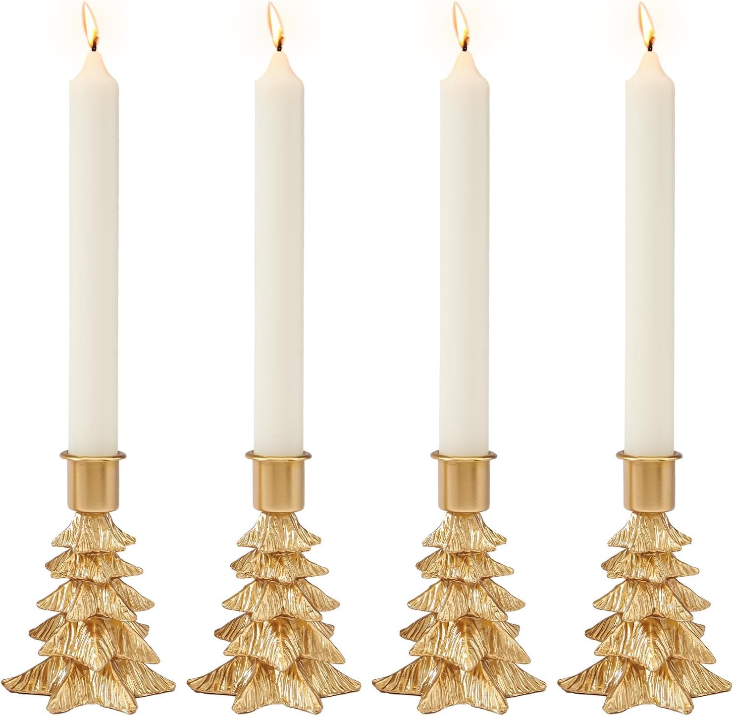 WDS WONDROUS Christmas Tree Candle Holders Set of 4 – Taper Candle Holders for Christmas Decorations, Gold Resin Candlestick Holders with Table Top, Metal, Dining Table Centerpieces & Holiday Decor