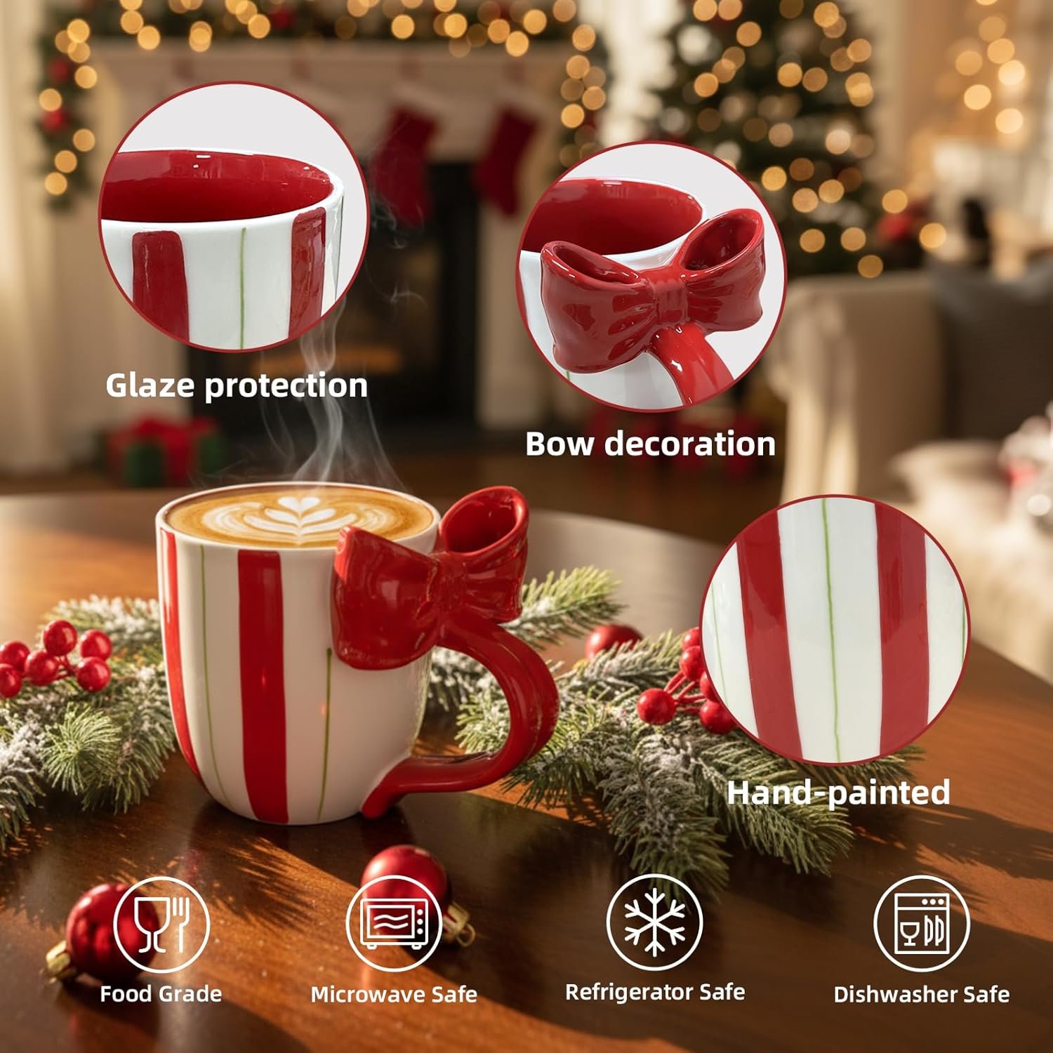 A holiday-themed mug with red and white stripes, a red bow-shaped handle, and latte art, with labels noting glaze protection, bow decoration, hand painting, and safety features.