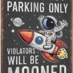 A metal sign reads "Astronaut Parking Only. Violators Will Be Mooned" with an illustration of an astronaut riding a rocket and a planet in the background.