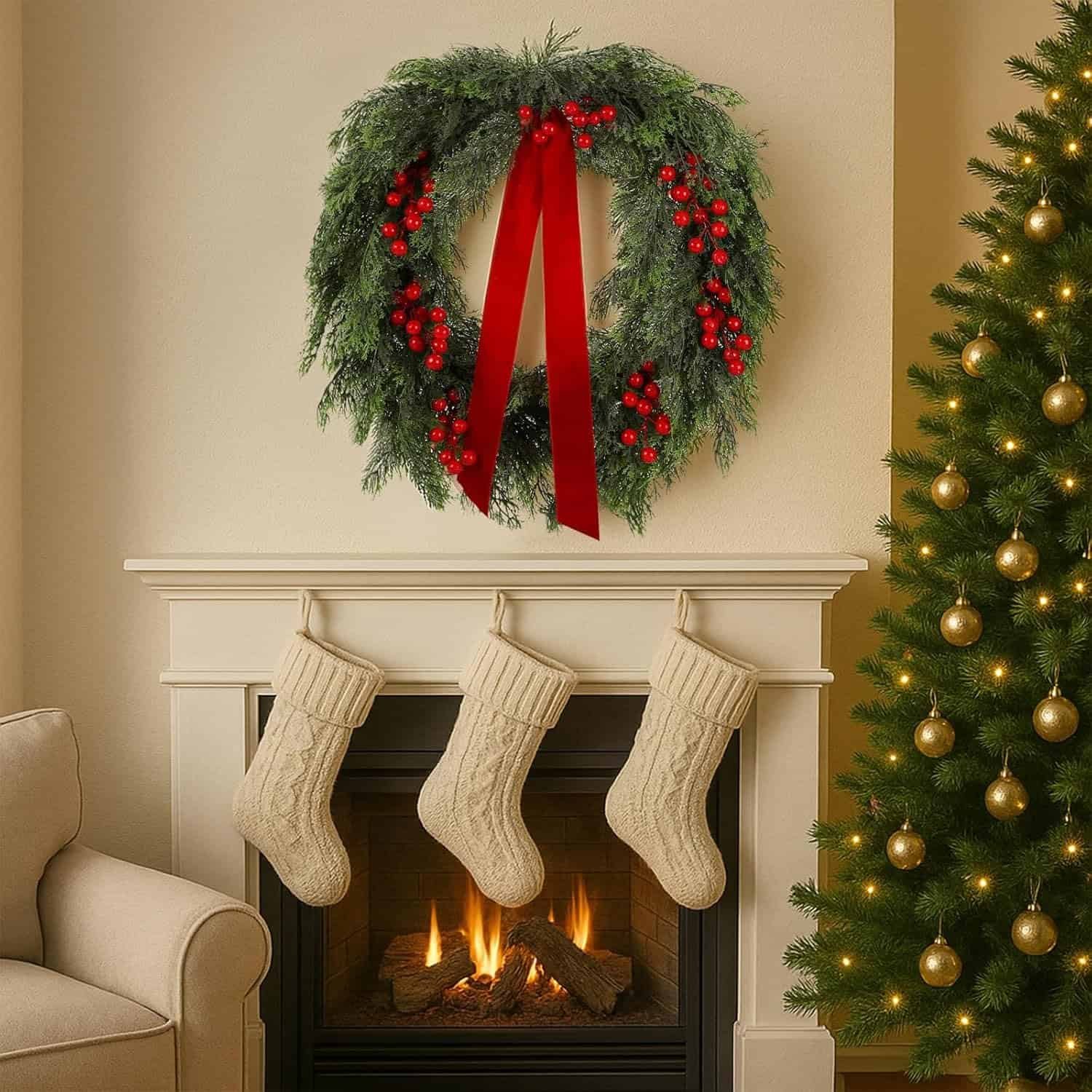A fireplace with three cream knit stockings hanging, a lit fire, a green wreath with red berries and a red bow above, and a Christmas tree decorated with gold ornaments beside it.