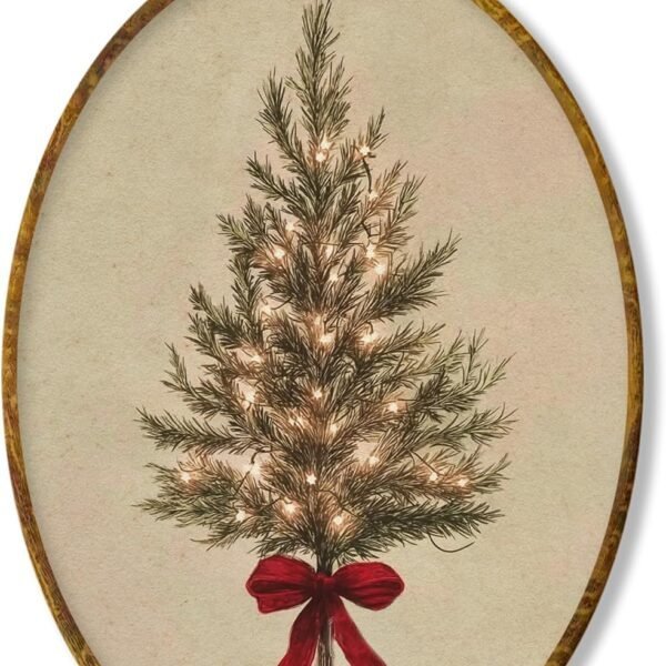 An illustration of a Christmas tree decorated with white lights and a red bow at the base, displayed in an oval frame with a brass hanger.