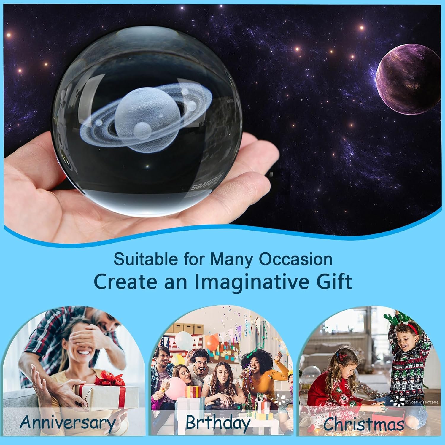 A hand holds a glass sphere with a 3D Saturn inside; text promotes it as a creative gift for anniversaries, birthdays, and Christmas, with images of people celebrating each occasion.