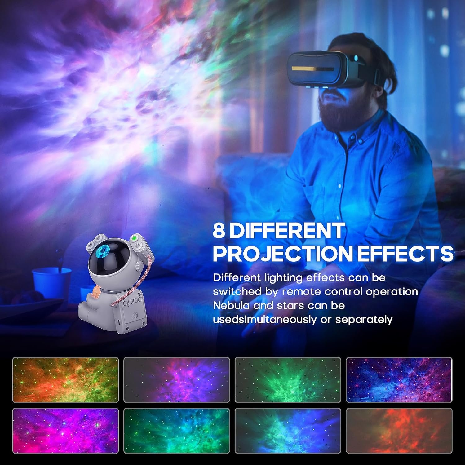 A man wearing a VR headset sits in a room with colorful nebula and star projections on the wall. A projector device and examples of 8 projection effects are shown at the bottom.