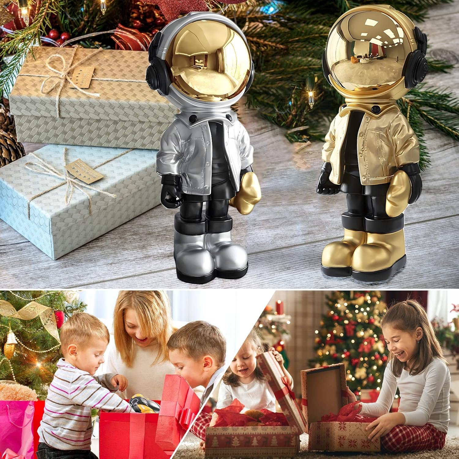 Two astronaut figurines, one in silver and one in gold, are shown above children opening gifts near a decorated Christmas tree and wrapped presents.