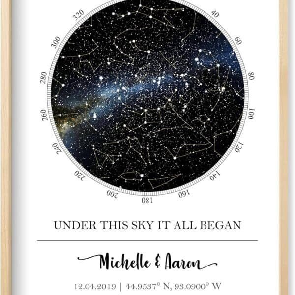 A star map print showing constellations and coordinates, with the text "Under this sky it all began" and names Michelle & Aaron, plus a date and geographic coordinates below.