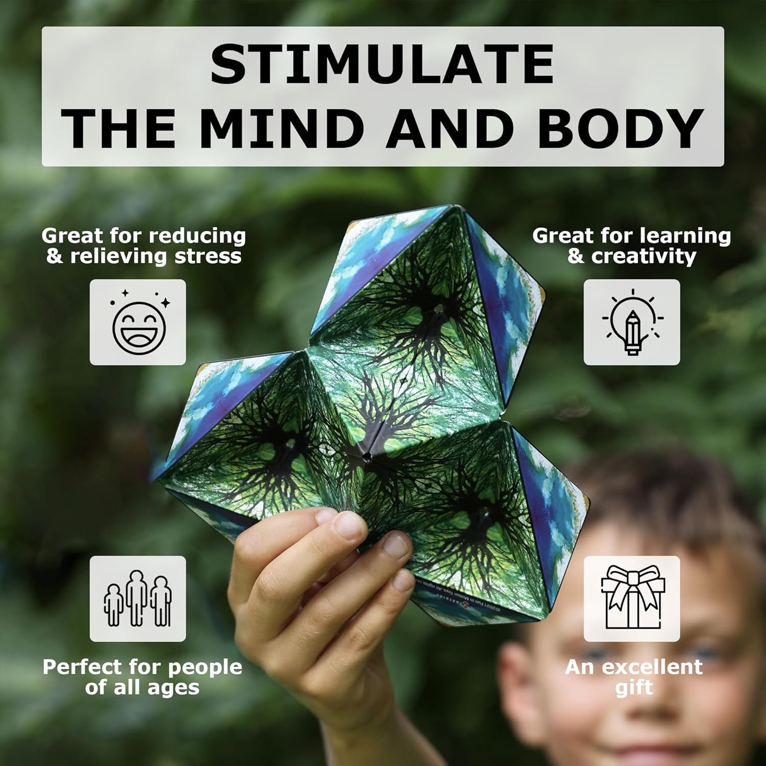 A person holds a foldable geometric puzzle outdoors; text highlights benefits such as stress relief, creativity, suitability for all ages, and being a good gift.