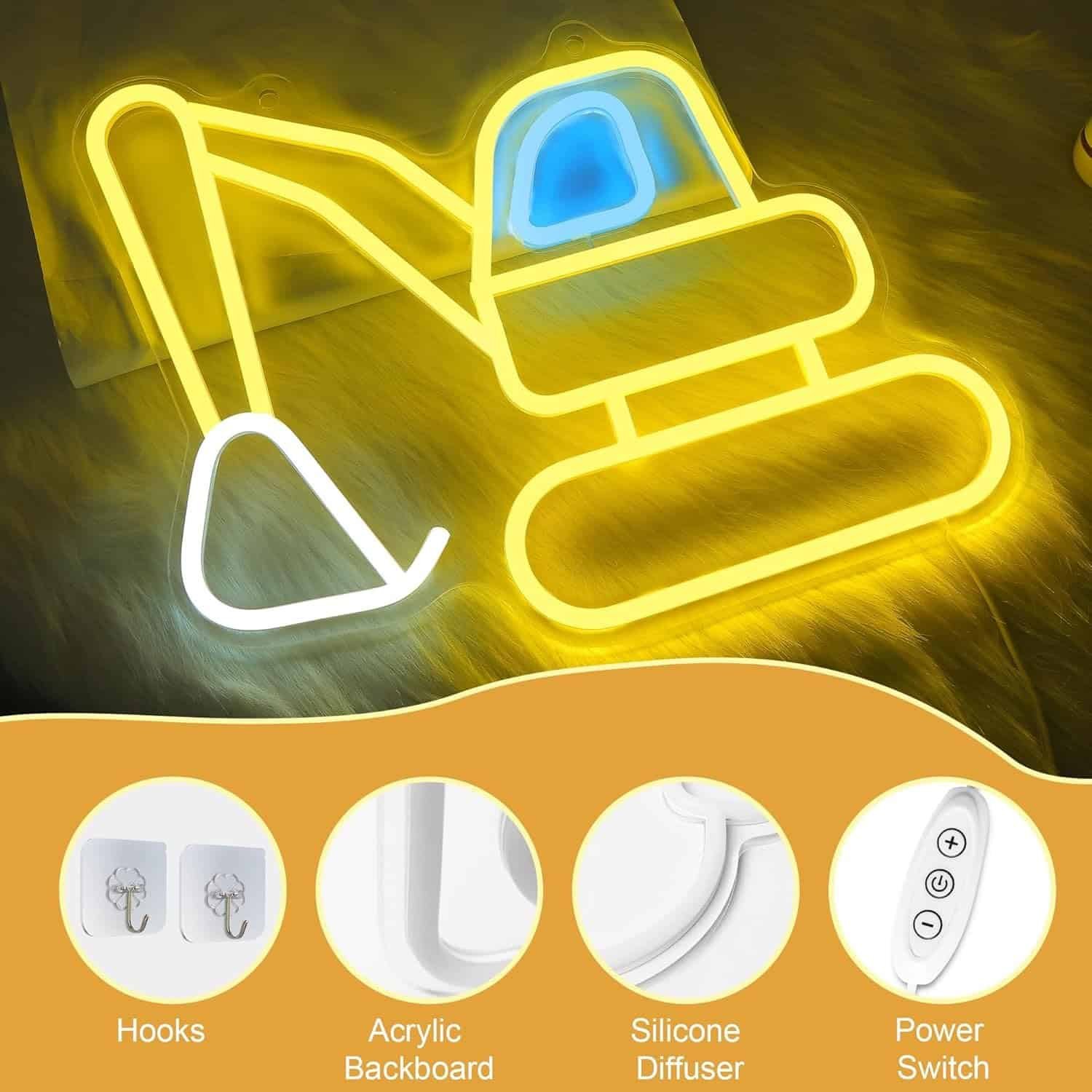 Neon light shaped like an excavator, with insets showing hooks, acrylic backboard, silicone diffuser, and power switch features.