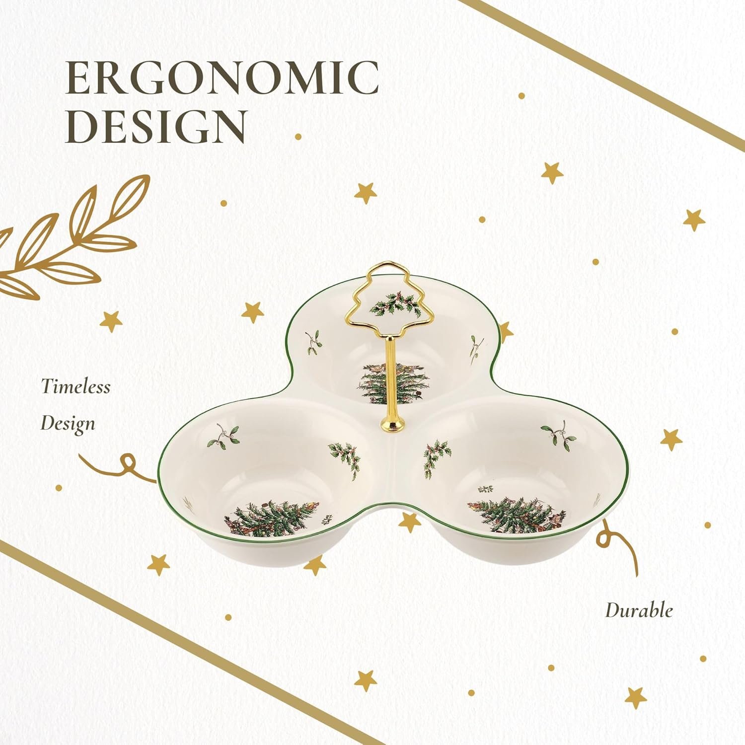 Three-section ceramic serving dish with a gold handle, featuring a holiday tree design, labeled as ergonomic, timeless, and durable.