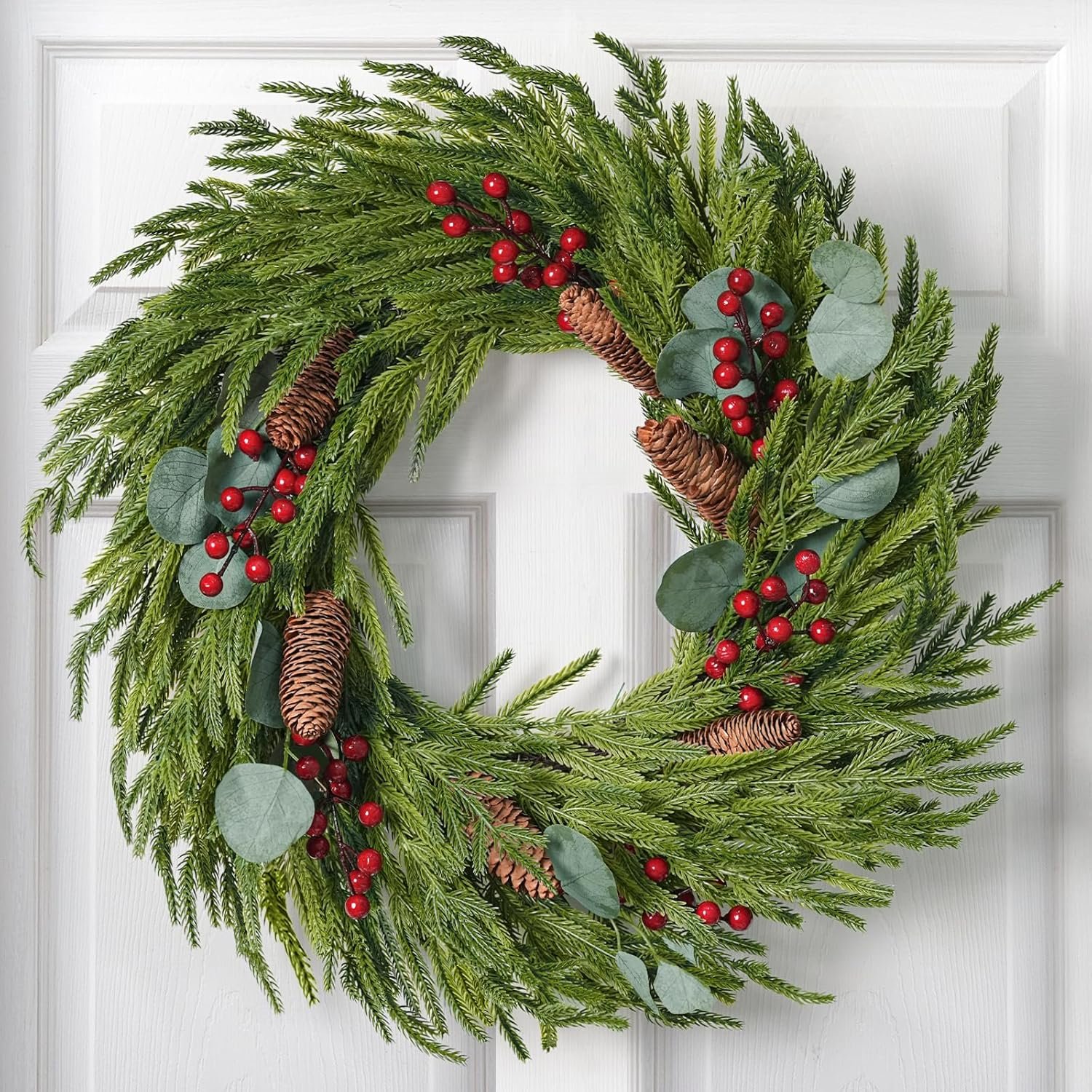 Christmas Decorations - 22 Inch Artificial Norfolk Pine Christmas Wreath with Pine Cones, Eucalyptus, and Red Berries Perfect for Front Door - Indoor Outdoor Holiday Decor for Mantle, Wall, Window
